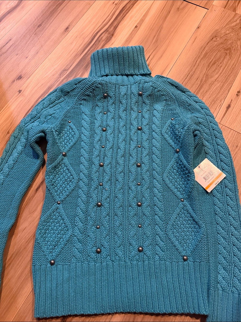 Relativity Teal Cable-Knit Turtleneck Sweater with Stud Accents